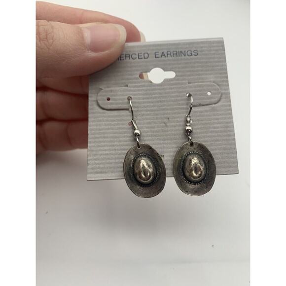 Western Cowgirl Cowboy Hat Earrings Silver Tone - Picture 2 of 5